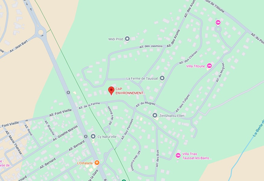 Localisation CAP ENVIRONNEMENT Taussat : Carte détaillée Carte centrée sur CAP ENVIRONNEMENT, montrant les allées du Muguet, des Roses, Font Vieille, et des localisations comme La Ferme de Taussat et ZenShiatsu Ellen.