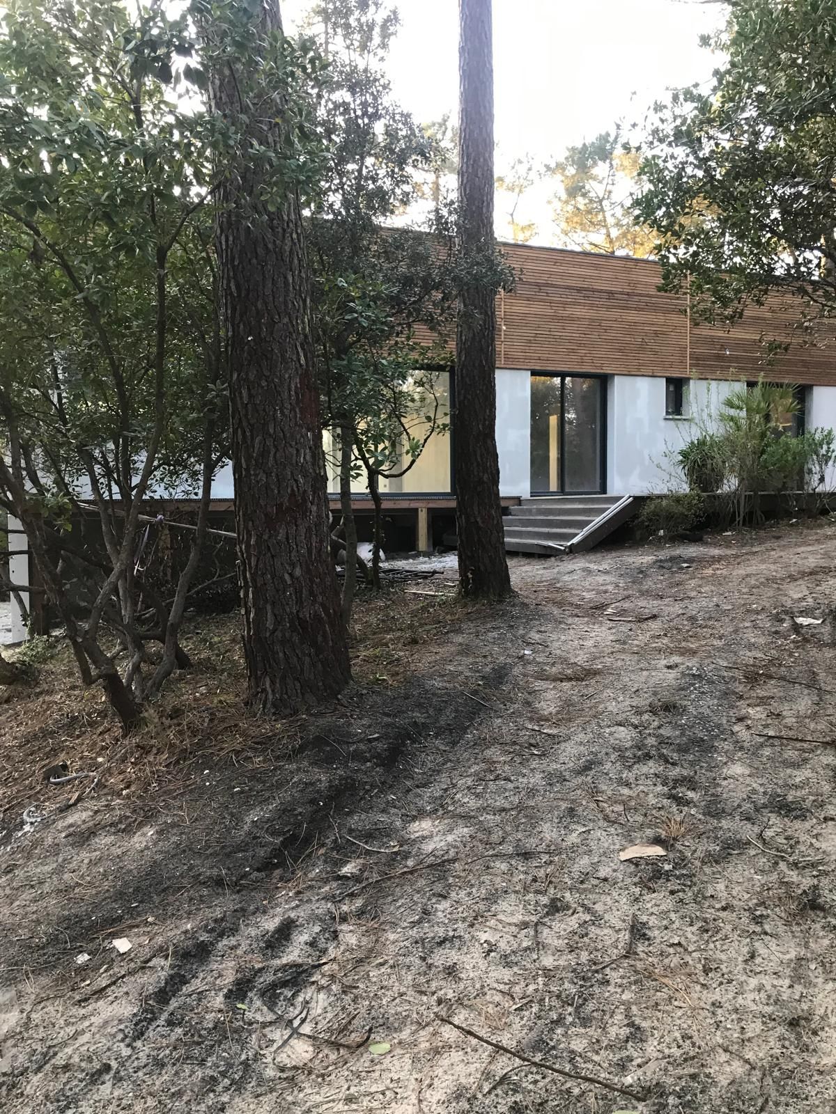 Maison moderne en construction avec bardage bois et enduit blanc, accès par escalier, vue à travers une forêt de pins et végétation basse.